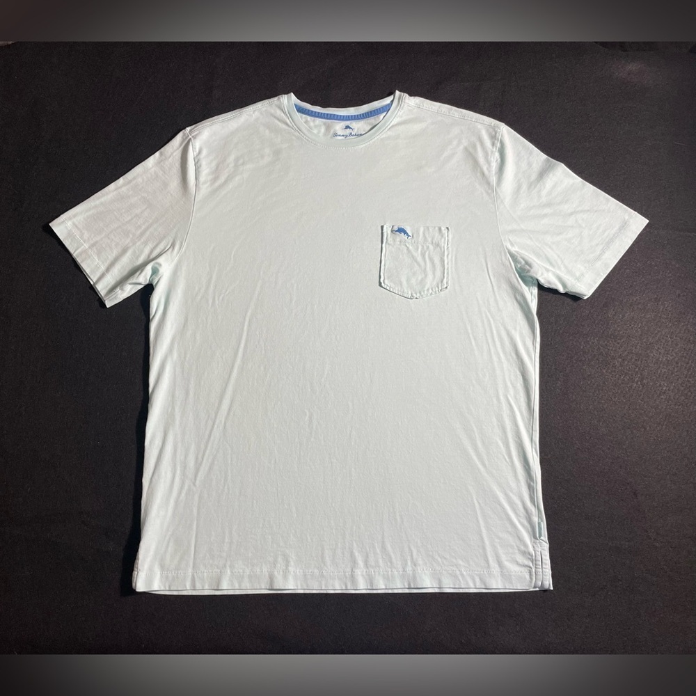 Tommy Bahama Mens Large Light Blue Pima Cotton Short Sleeve Relax Shirt Pocket